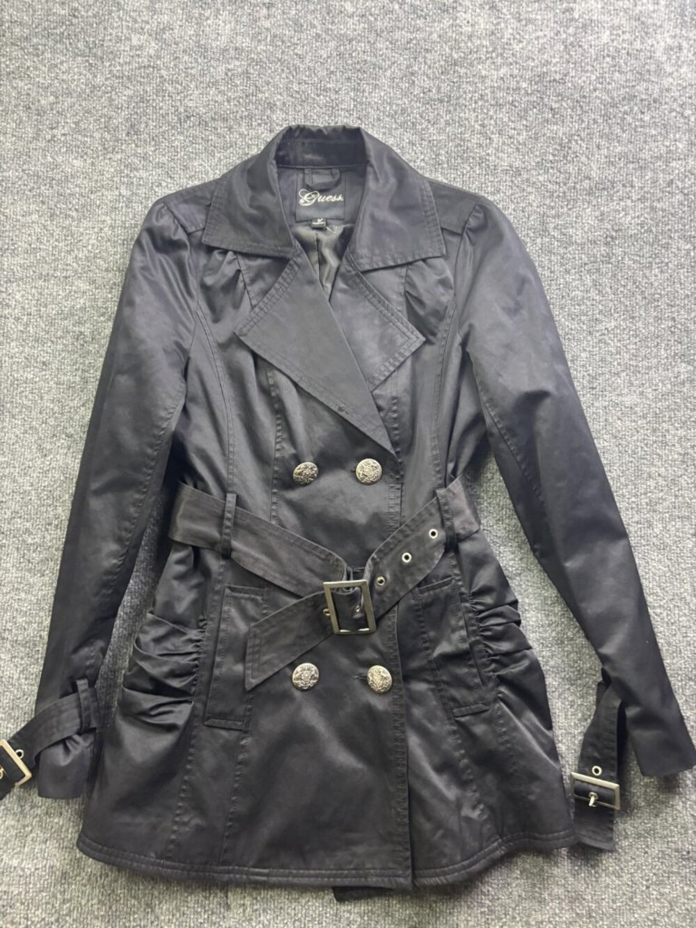 Guess Coat Womens Small Black Belted Trench‎ Button Strap Buckle Pockets Twill